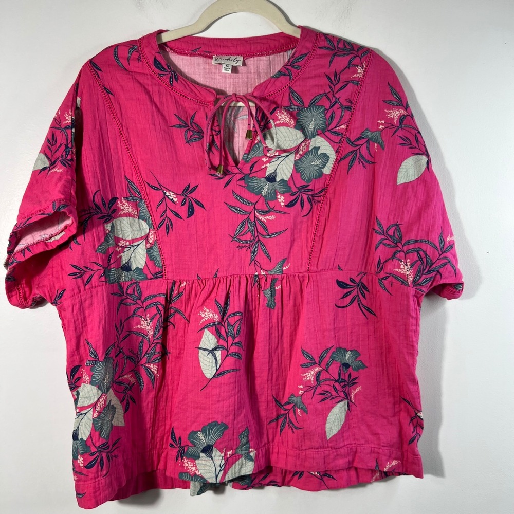 Wonderly V Tie Neck‎ Cotton Boho Tunic Pink Gray M Short Sleeve